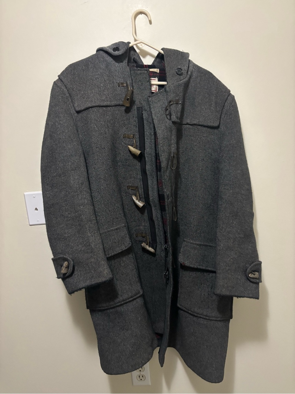 Vintage Gloverall Duffle Coat (Grey Plaid-Lined Wool Blend Hooded Coat)